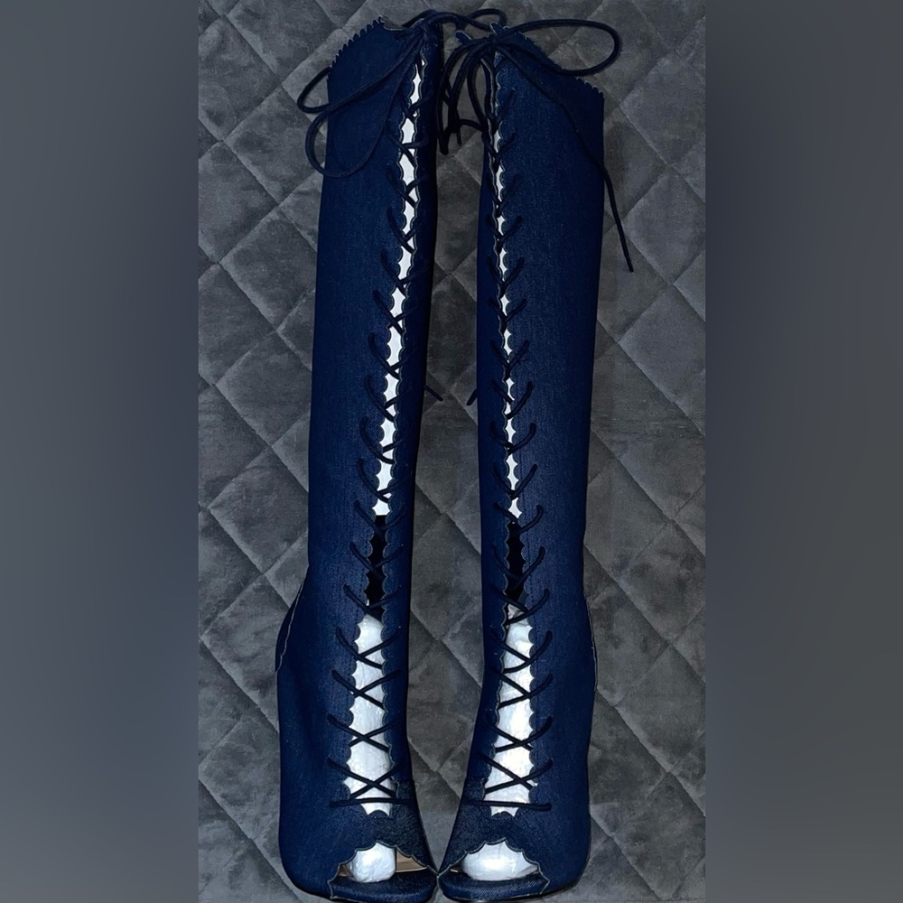 Lace Up Knee High Open Toe Boots